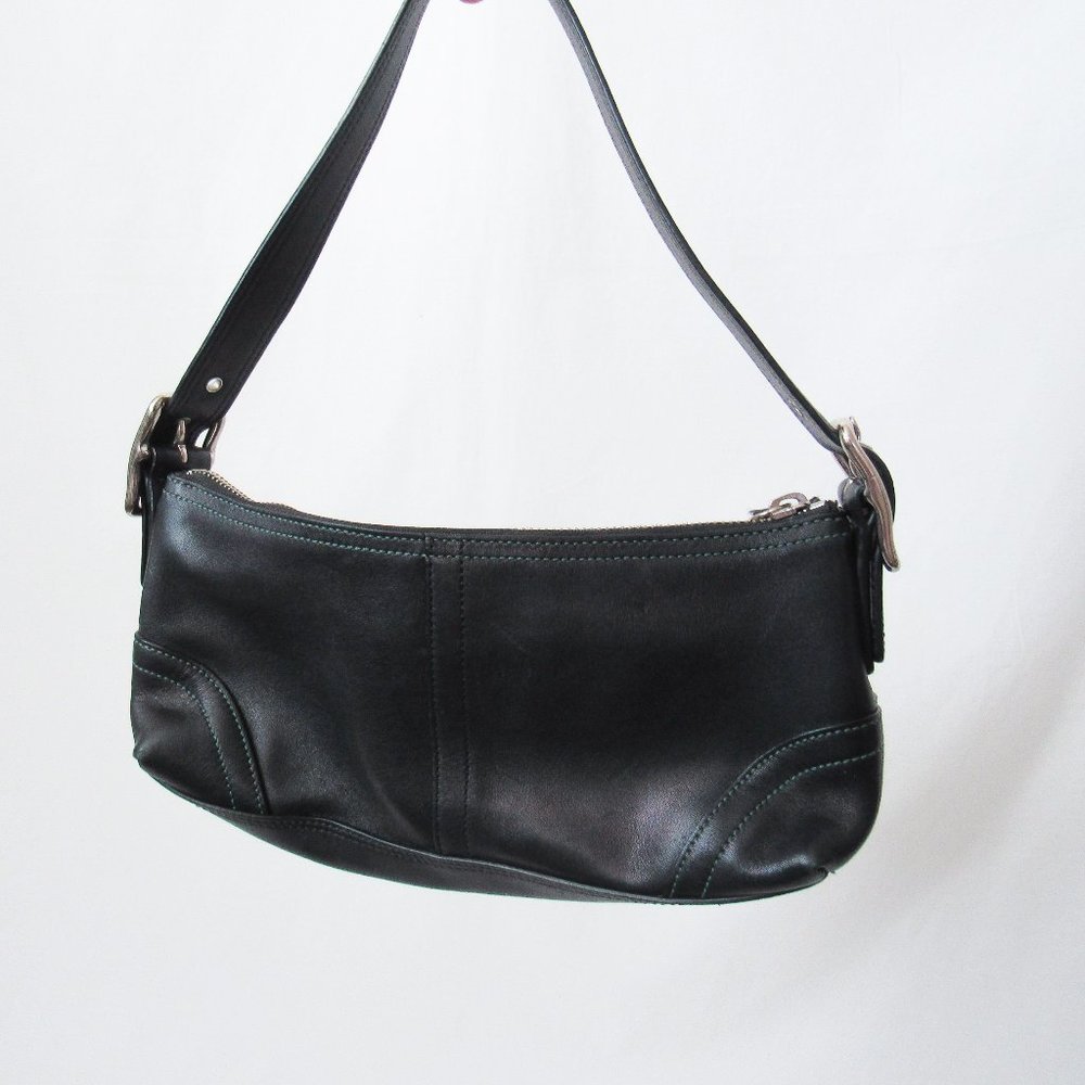 VINTAGE 90S COACH Leather Satchel Mini /Black W/ Green Stitching Chic & Sleek~ - Picture 1 of 11